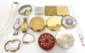 Mixed Lot: four modern quartz watches, gilt metal cameo bracelet, necklace, 8 ladies compacts to