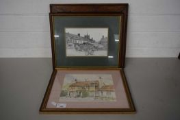 MIXED LOT COMPRISING ROSEMARY WALDEN 'THE SADDLERS' WATERCOLOUR, TOGETHER WITH CHRIS HUTCHINS