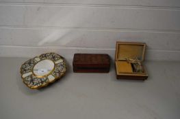 MIXED LOT COMPRISING SMALL WALL MIRROR, LEATHER MOUNTED BOX, SMALL MIDDLE EASTERN INLAID ASHTRAY