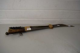MIXED LOT: WOODEN HANDLED MACHETE, SMALL SWORD WITH CURVED BLADE AND SPIRAL METAL HANDLE AND A
