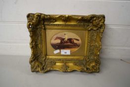 OLEOGRAPH PRINT OF A HORSE AND JOCKEY SET IN A HEAVY GILT FRAME