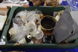 BOX OF MIXED WARES TO INCLUDE DARTINGTON CRYSTAL VASE, VARIOUS TEA WARES, STUDIO POTTERY VASE, GLASS