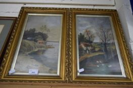 L CLARKE, PAIR OF STUDIES, RURAL COTTAGE AND LAKESIDE SCENE WITH BOATHOUSE, GILT F/G