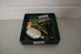 BOX OF SMALL ITEMS TO INCLUDE MINIATURE PEWTER HIP FLASK