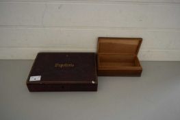 SMALL LEATHER BOUND BOX MARKED 'PAPETERIE', TOGETHER WITH SMALL ORIENTAL BOX DECORATED WITH A