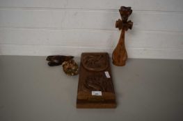 MIXED LOT COMPRISING CARVED WOODEN BOOK SLIDE, A NOVELTY WOODEN CANDLESTICK AND TWO FURTHER WOODEN