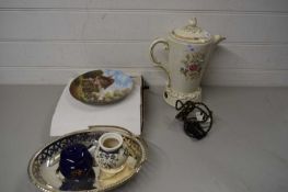 MIXED LOT ELECTRIC COFFEE PERCOLATOR, SILVER PLATED BOWL, COLLECTORS PLATES AND OTHER CERAMICS ETC