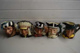 COLLECTION OF FIVE VARIOUS ROYAL DOULTON CHARACTER JUGS - MAD HATTER, VIKING, THE FALCONER, PIED