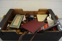 BOX VARIOUS MIXED ITEMS TO INCLUDE PHOTOGRAPH ALBUMS, RIDING CROP, VINTAGE ROLLER SKATES ETC