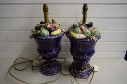 PAIR OF GLAZED CERAMIC TABLE LAMPS WITH FRUIT DECORATION