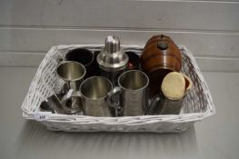 MIXED LOT VARIOUS PEWTER AND OTHER TANKARDS, SMALL SPIRIT BARREL, COCKTAIL SHAKER ETC