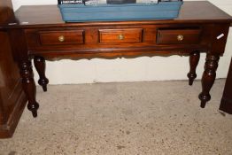 VICTORIAN STYLE MAHOGANY THREE DRAWER SIDE TABLE, 148CM WIDE