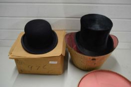 CASED TOP HAT AND A CASED BOWLER HAT