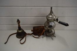MIXED LOT COMPRISING SMALL PEWTER SPIRIT KETTLE, A BRASS BELL, AND A CASED PAIR OF OPERA GLASSES