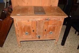 UNUSUAL PINE FRAMED VINTAGE REFRIGERATOR CABINET WITH METAL LIDDED COMPARTMENT FOR ICE AND TWO DOORS