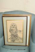 POLLYANNA PICKERING, STUDY OF A TAWNY OWL, BLACK AND WHITE PRINT, F/G TOGETHER WITH A STUDY OF A