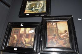 THREE VARIOUS COLOURED PRINTS IN BLACK FINISH FRAME, 30CM WIDE