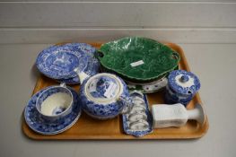 TRAY VARIOUS CERAMICS TO INCLUDE WEDGWOOD TEA WARES, GREEN GLAZED LEAF PLATE ETC