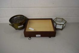 SMALL WOODEN FRAMED DISPLAY CASE, BRASS FRAMED DISPLAY CASE AND A BRASS ROSE BOWL
