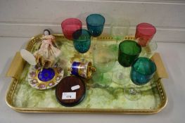 MIXED LOT VARIOUS CRANBERRY AND COLOURED GLASS SMALL WINES, A SMALL VIENNA CUP AND SAUCER AND A