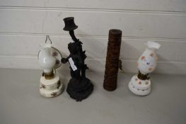 MIXED LOT : TWO SMALL OIL LAMPS, CAST METAL CHERUB CANDLESTICK AND A FURTHER TURNED WOODEN COLUMN (