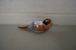 CROWN DERBY PAPERWEIGHT MODEL OF A PHEASANT FITTED WITH SILVER STOPPER