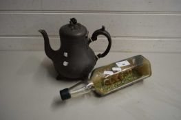 MIXED LOT COMPRISING A PEWTER TEA POT AND A VINTAGE BOOTHS GIN BOTTLE NOW CONTAINING TWO MODEL