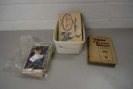 BOX OF ALBUMS OF CIGARETTE CARDS, POSTCARDS AND A MOTOR REPAIR MANUAL