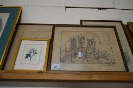 THREE NEEDLEWORK PICTURES, CATHEDRALS, PLUS A FURTHER BOTANICAL PRINT (4)