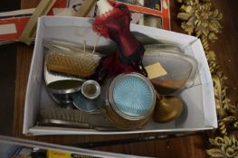 BOX OF VARIOUS DRESSING TABLE BRUSHES, MIRRORS ETC