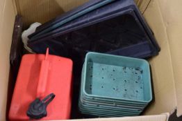 BOX OF MIXED ITEMS, FUEL CAN, SEED TRAYS, PLANT POTS, EXTENSION CABLE ETC
