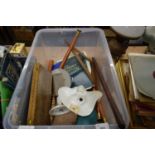 BOX OF VARIOUS ITEMS TO INCLUDE RIDING CROP, DRESSING TABLE BRUSH SET