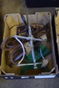 BOX OF VARIOUS IRON HOOKS AND OTHER ITEMS