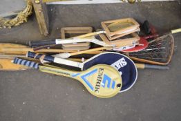 MIXED LOT VARIOUS TENNIS, LACROSSE AND OTHER RACKETS PLUS A PADDLE AND OTHER ITEMS