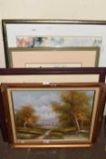 MIXED LOT FOUR VARIOUS PICTURES TO INCLUDE AN OIL ON CANVAS STUDY OF A COUNTRY SCENE