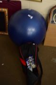 PAIR OF ATOMIC SKI BOOTS AND A REEBOK EXERCISE BALL