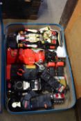 SUITCASE CONTAINING VINTAGE MOULDED PLASTIC TOY ROBOT AND VEHICLES