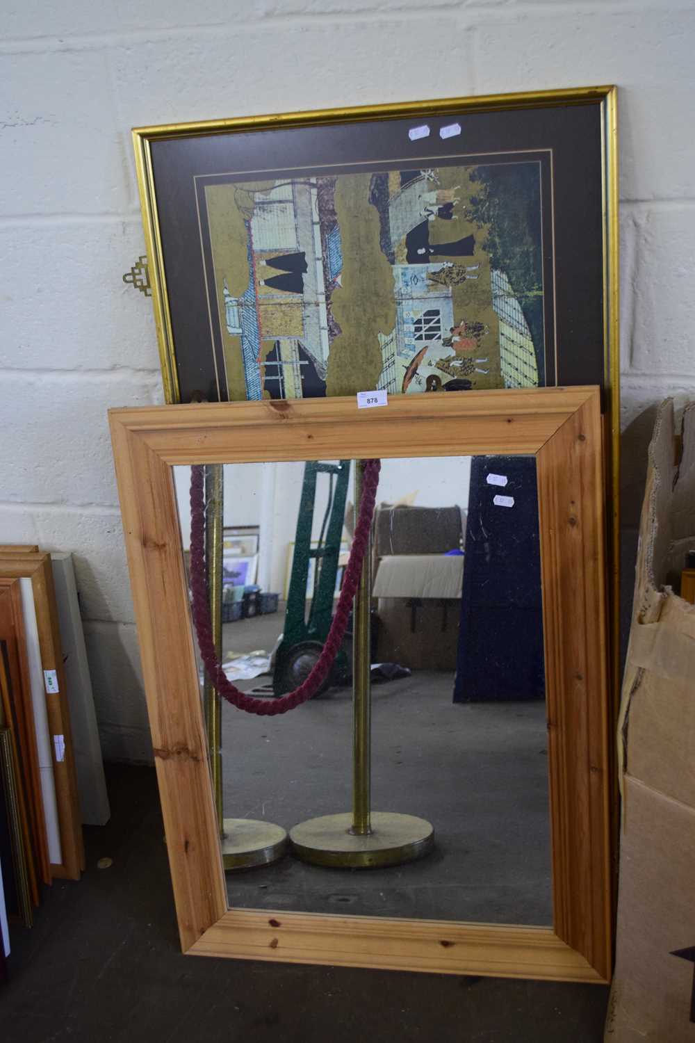 TWO MODERN PINE FRAMED MIRRORS AND A LARGE ORIENTAL PRINT