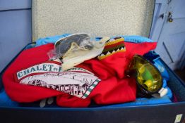 SUITCASE CONTAINING VINTAGE SKIING OUTFITS, GOGGLES, ETC