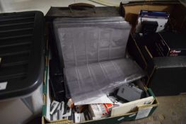 BOX CONTAINING VINTAGE PROJECTOR, VARIOUS CAMERA ACCESSORIES AND OTHER ITEMS