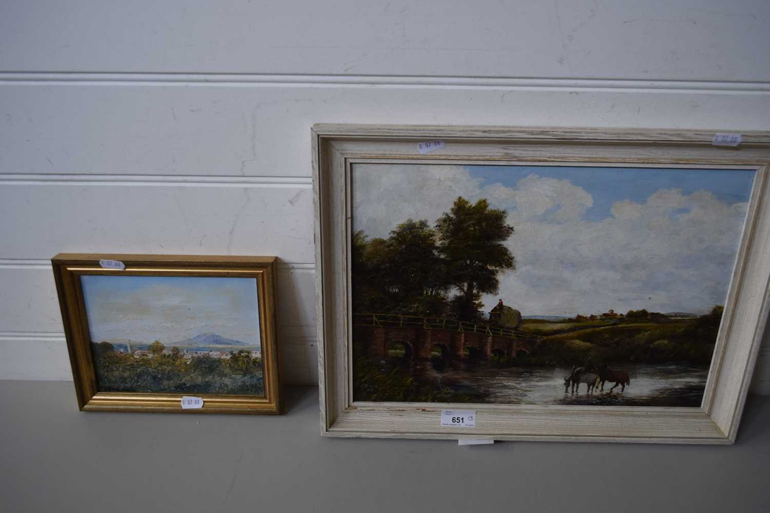 TWO 20TH CENTURY OILS, RIVER SCENE WITH HORSES AND A FURTHER CONTINENTAL COASTAL VIEW (2)