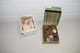 TWO BOXES VARIOUS WORLD AND BRITISH COINAGE PLUS A SMALL QUANTITY ASSORTED USED BANK NOTES
