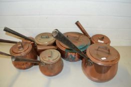 COLLECTION OF SEVEN VARIOUS VICTORIAN AND LATER COPPER SAUCEPANS