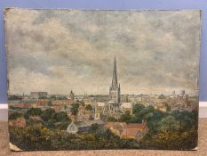 W.Plumstead, Prospect of Norwich, oil on card, 25x18ins, unframed.