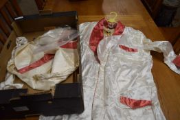 SILK WORK PYJAMAS AND DRESSING GOWN AND SLIPPERS (ORIENTAL)