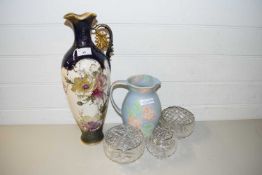 MIXED LOT COMPRISING A LARGE FLORAL DECORATION EWER, A FURTHER SMALL FLORAL JUG AND THREE GLASS ROSE