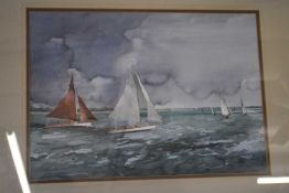 V Wildeing, signed and dated 94 lower right, watrecolour, Boat sailing off coast, 33 x 47cm