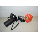 MIXED LOT COMPRISING TWO ZENIT RUSSIAN CAMERAS, ONE FITTED WITH A CHINON ZOOM LENS, 85 X 210MM, A