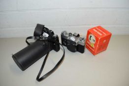 MIXED LOT COMPRISING TWO ZENIT RUSSIAN CAMERAS, ONE FITTED WITH A CHINON ZOOM LENS, 85 X 210MM, A