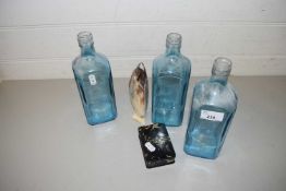 MIXED LOT COMPRISING A MOTHER OF PEARL FORMED VASE, THREE BLUE GLASS BOTTLES AND A SMALL PAPIER
